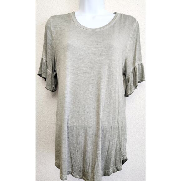 Knox Rose Green Heathered Ruffled Short Sleeves Top Medium Lightweight Stretch - Picture 1 of 5